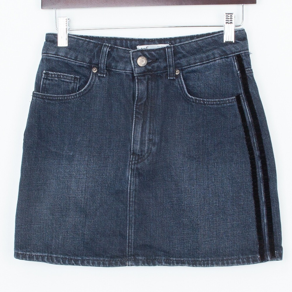 Zara Womens TRF Collection Velvet Stripe Denim Mini Skirt Size XS Streetwear